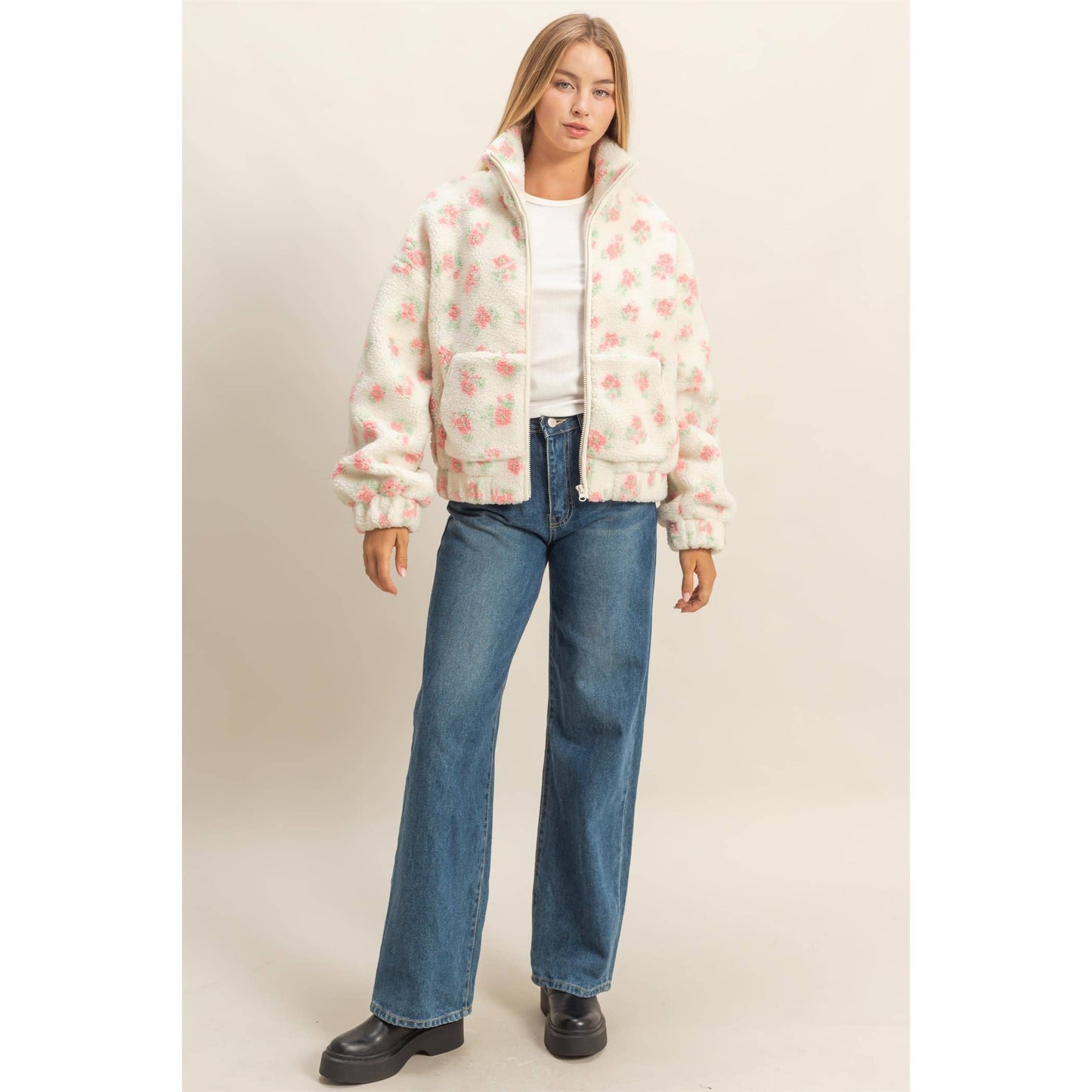 Floral Print Sherpa Zip-Up Jacket