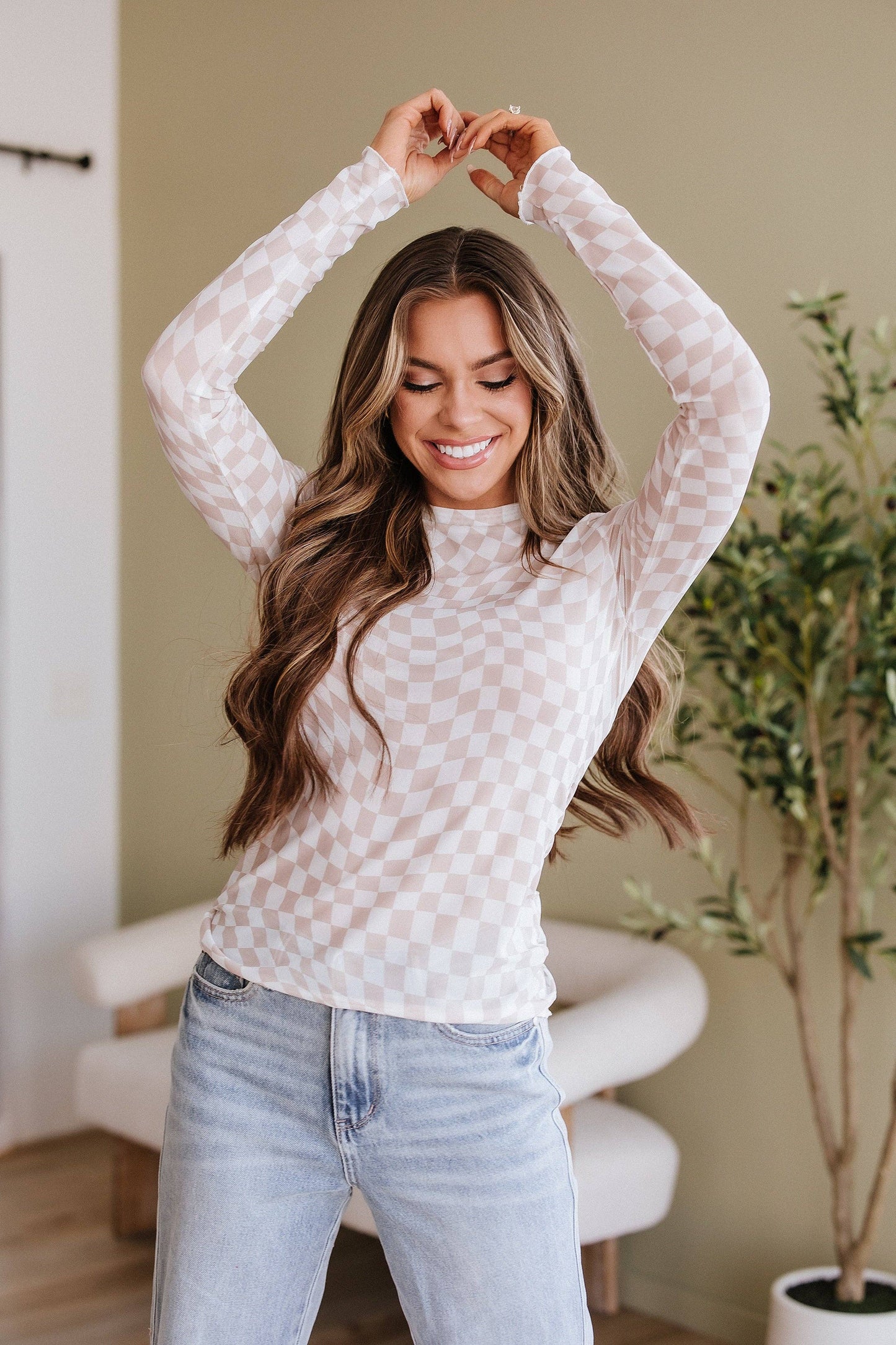Rory Checkered Mesh Top - Khaki