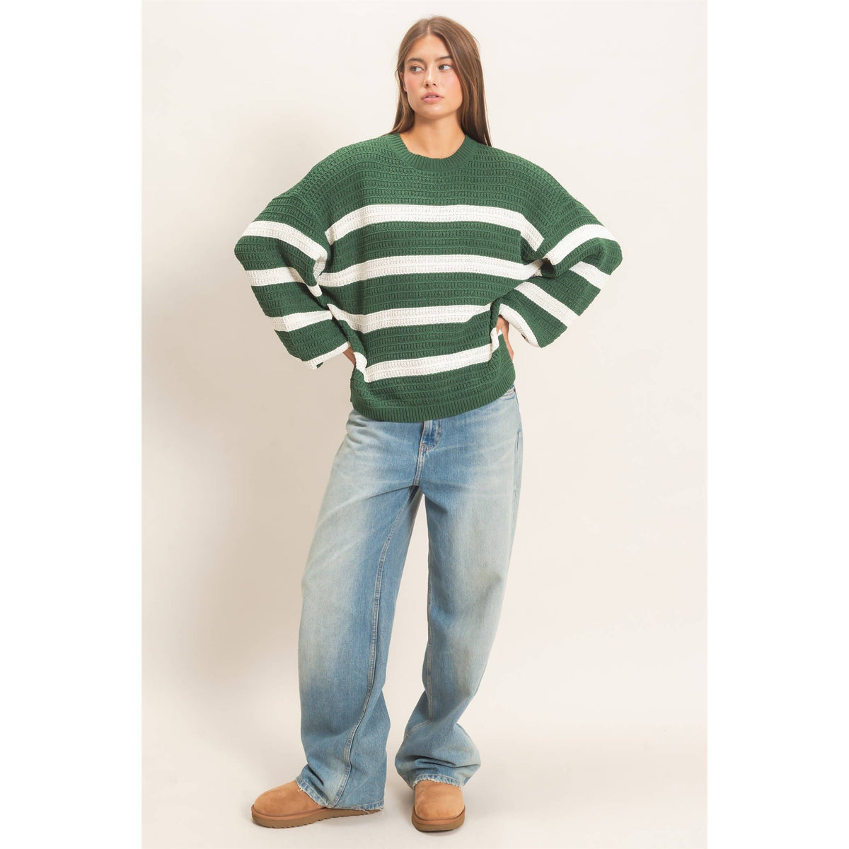 Green Striped Oversized Sweater