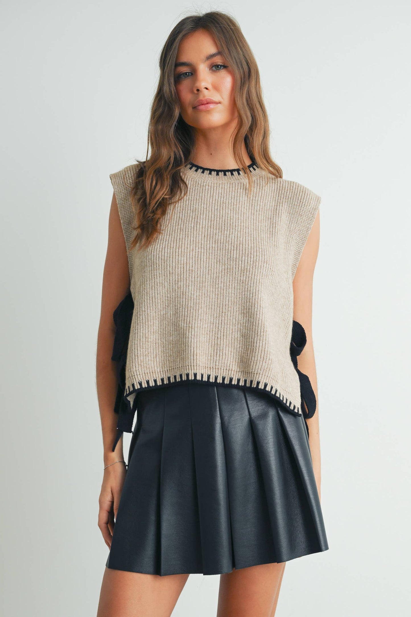 Bow Tie Sleeveless Sweater - Taupe