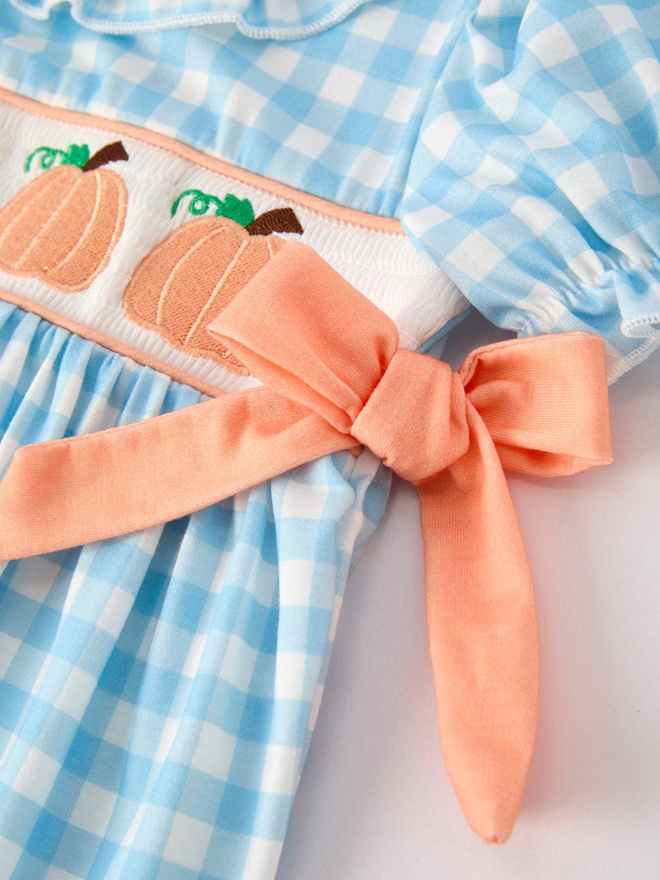 Pumpkin Embroidery Blue Plaid Dress