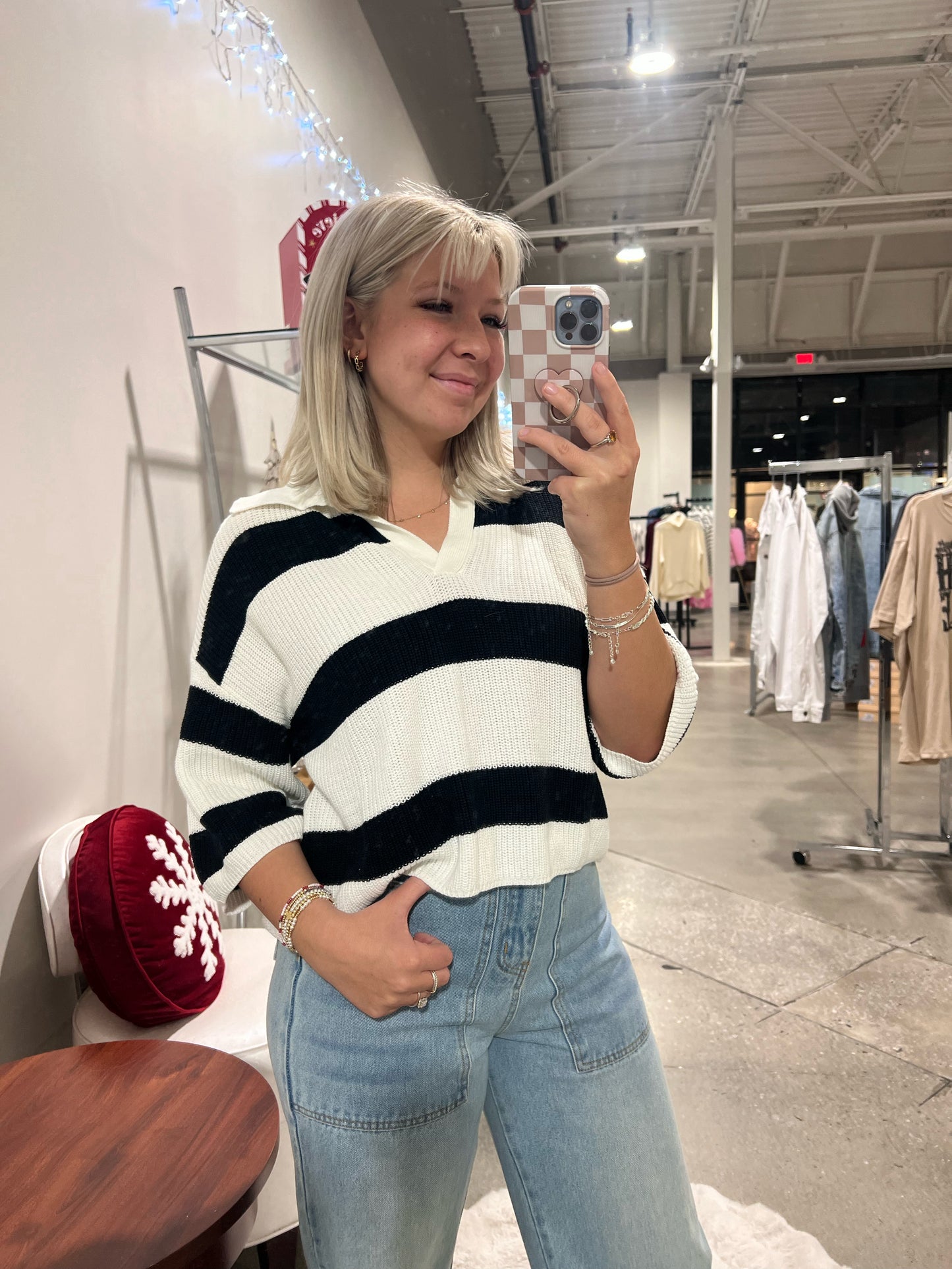 Striped Knit Collared Sweater