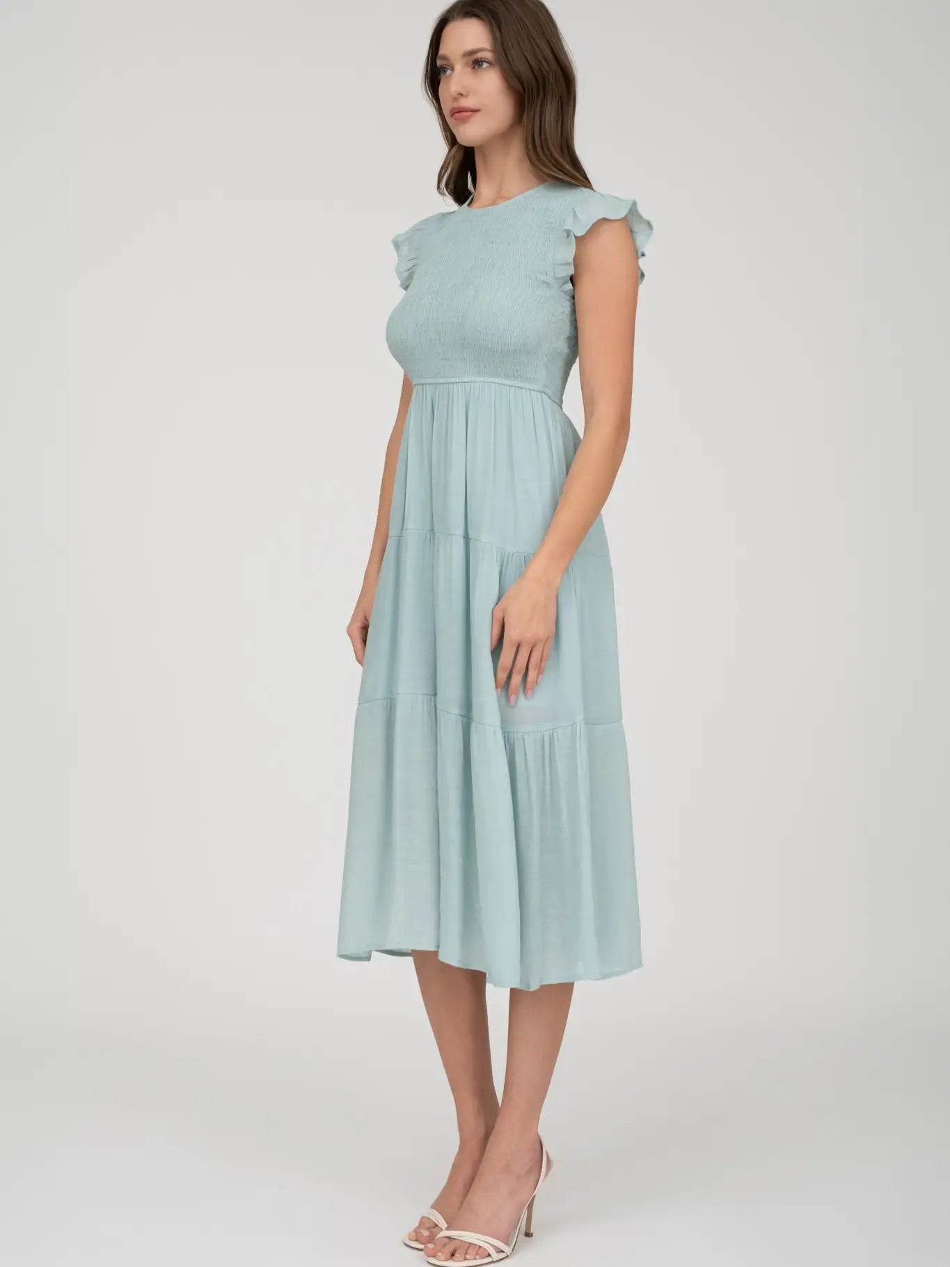 Smocked Tiered Midi Dress - Light Blue