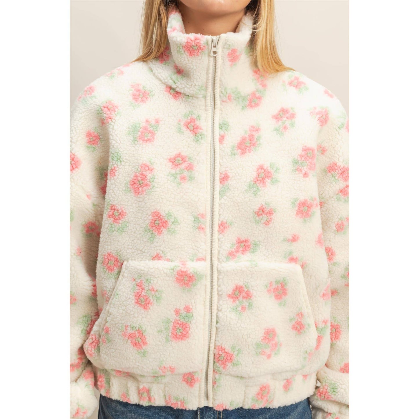 Floral Print Sherpa Zip-Up Jacket