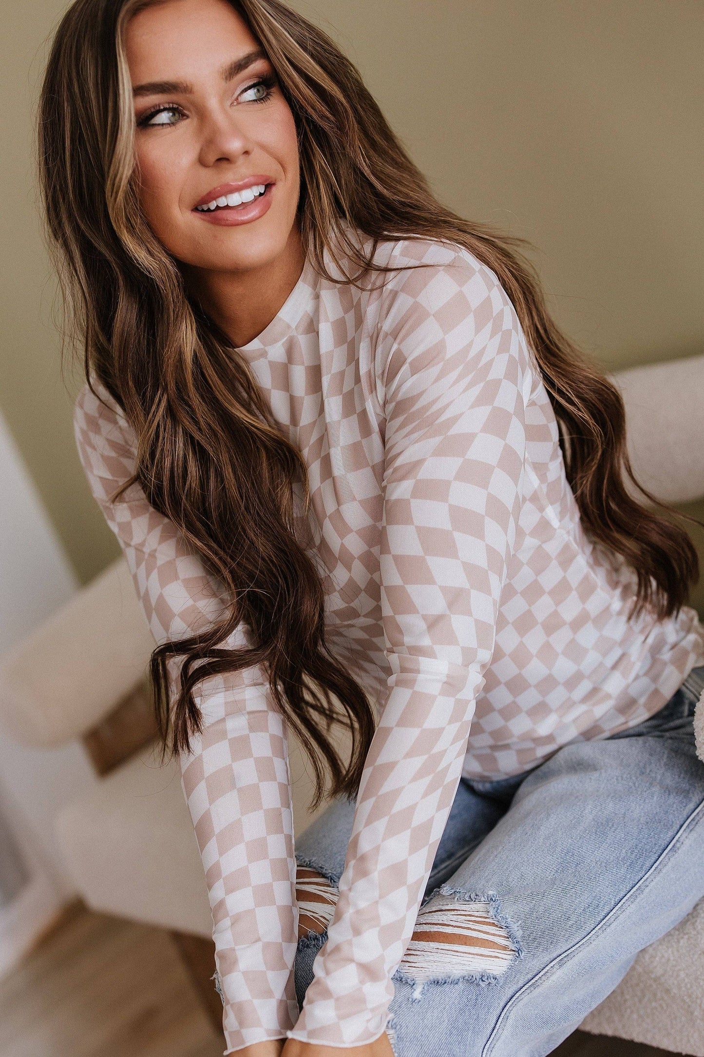 Rory Checkered Mesh Top - Khaki