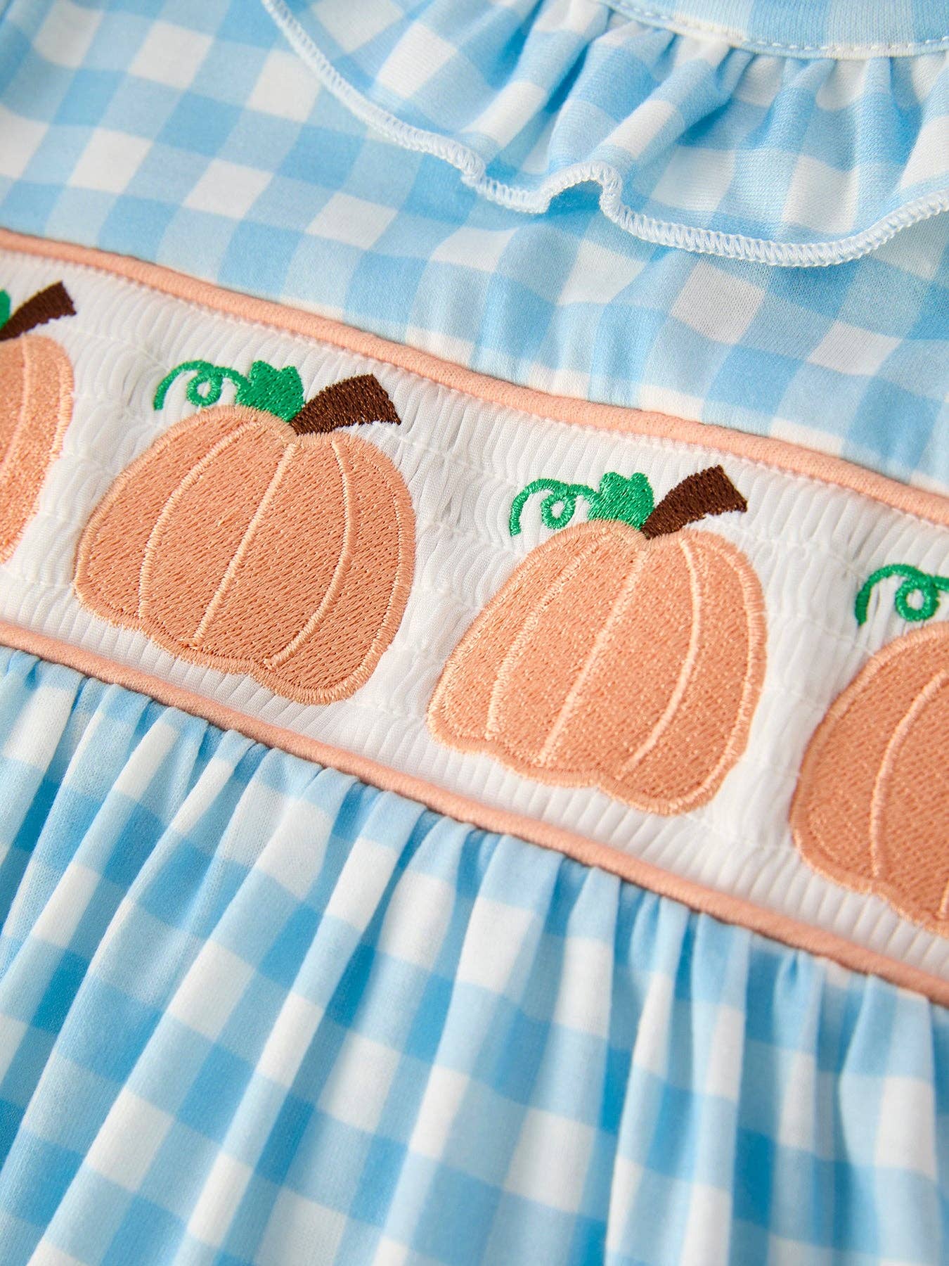 Pumpkin Embroidery Blue Plaid Dress