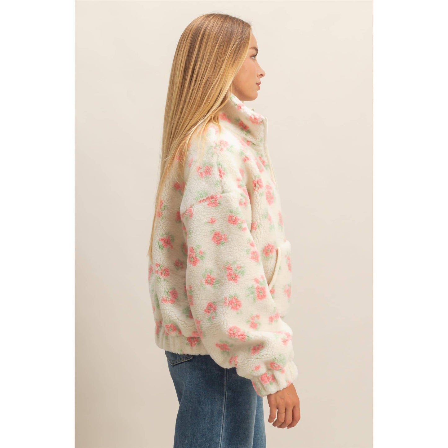 Floral Print Sherpa Zip-Up Jacket