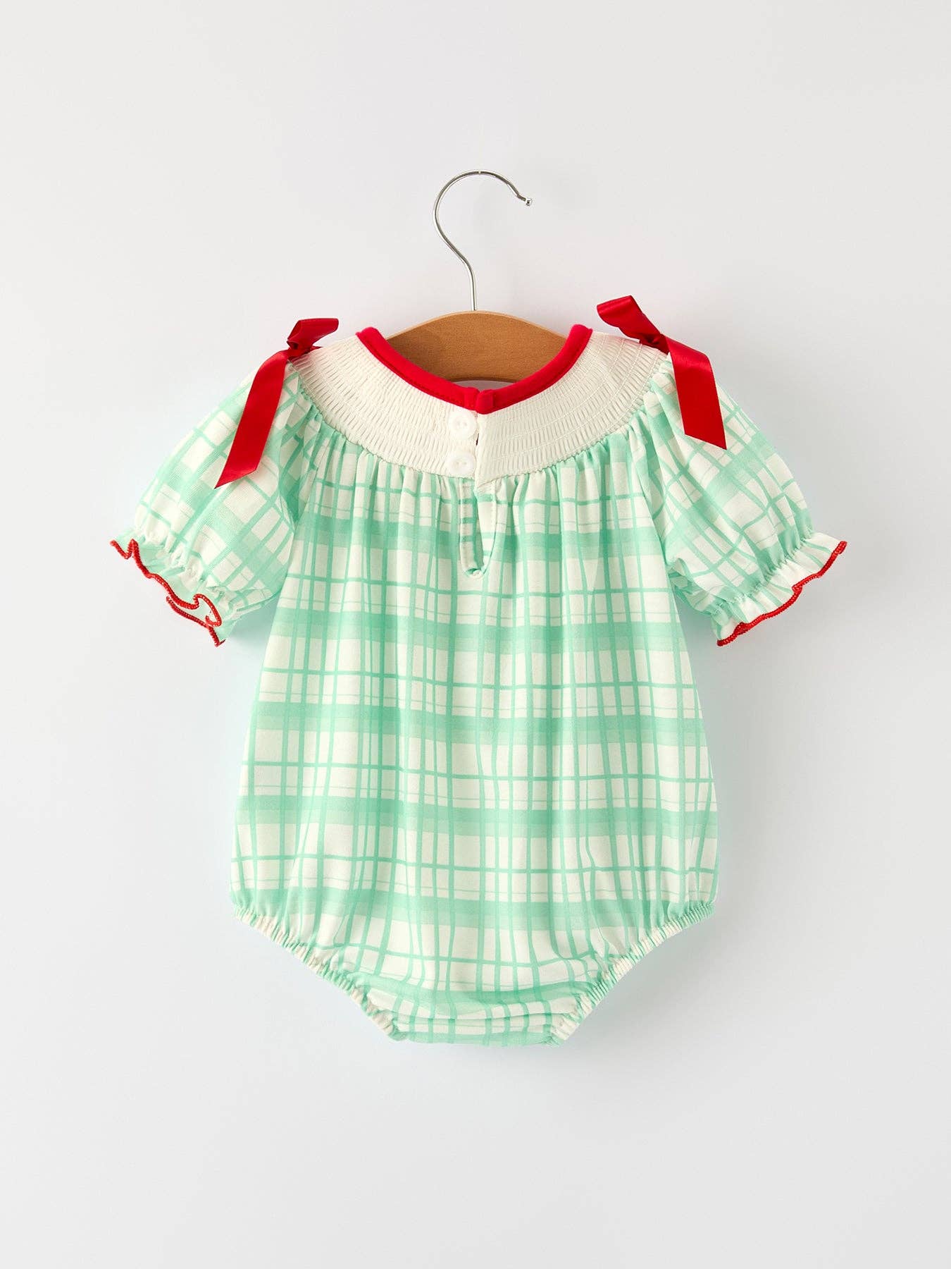 Christmas Girl Smock Embroidery Green Plaid Romper