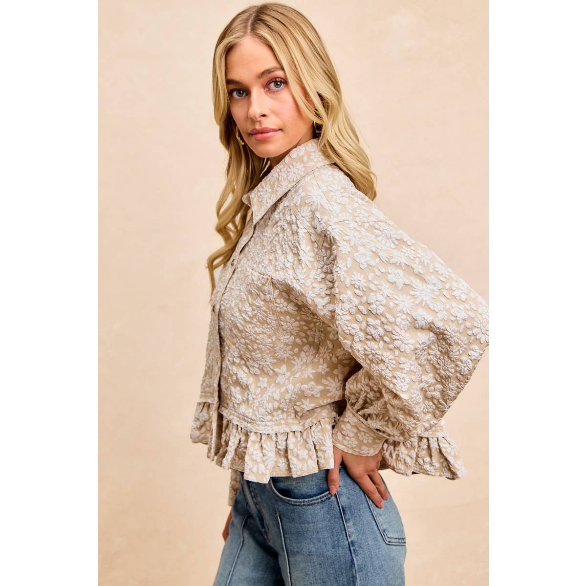 Oatmeal Floral Ruffled Top