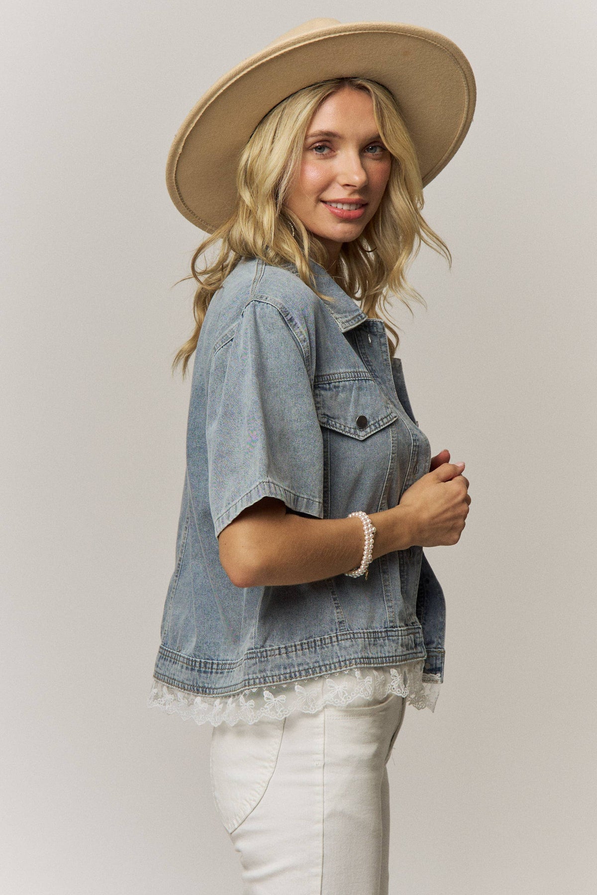 DENIM TOP WITH LACE TRIM