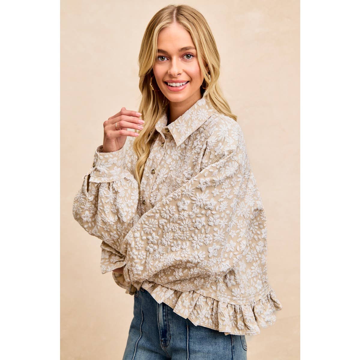 Oatmeal Floral Ruffled Top