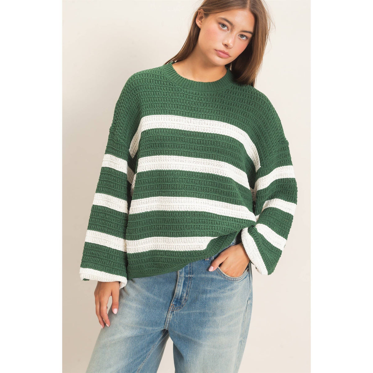 Green Striped Oversized Sweater