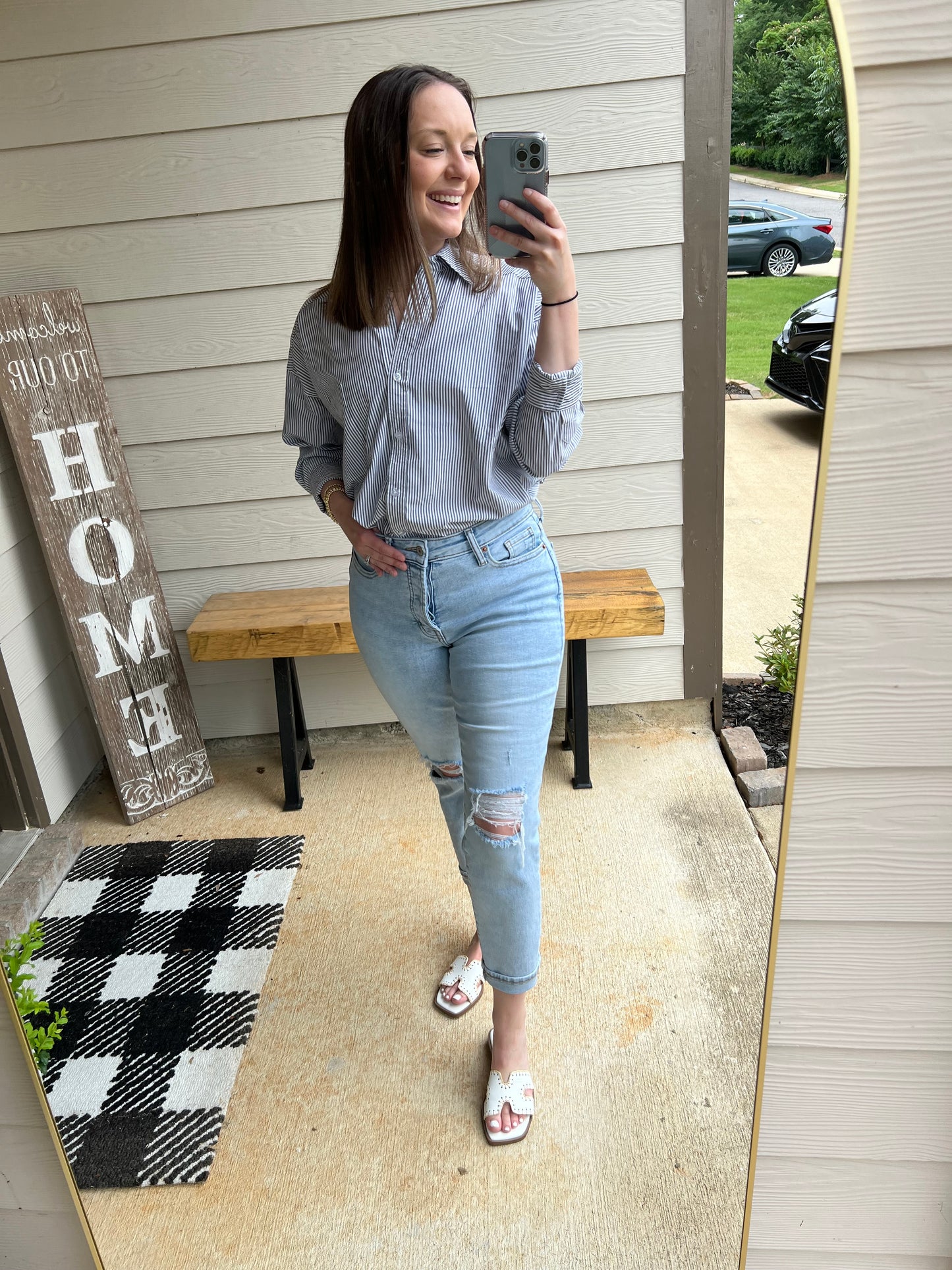 Navy Button Up Top