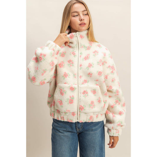 Floral Print Sherpa Zip-Up Jacket