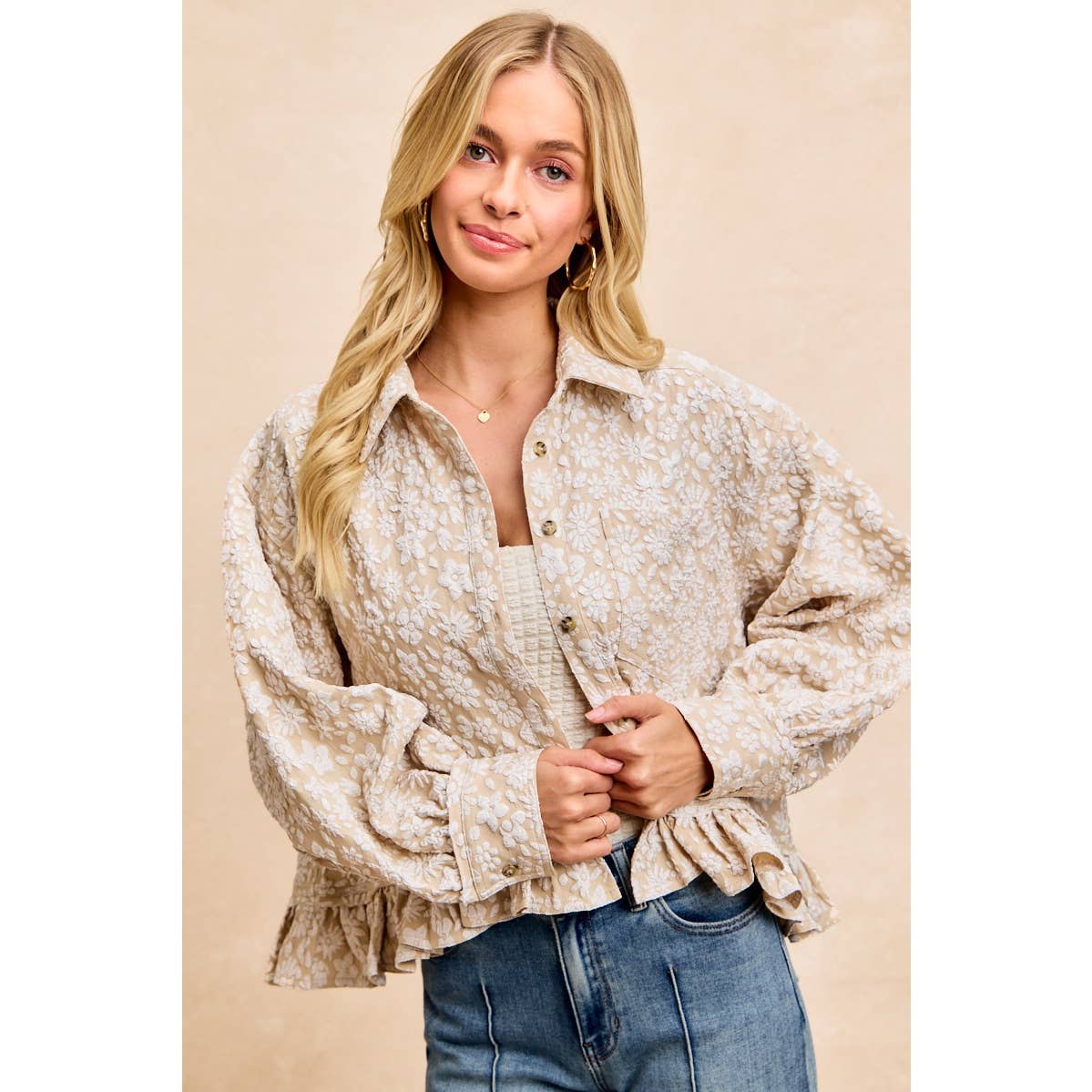 Oatmeal Floral Ruffled Top