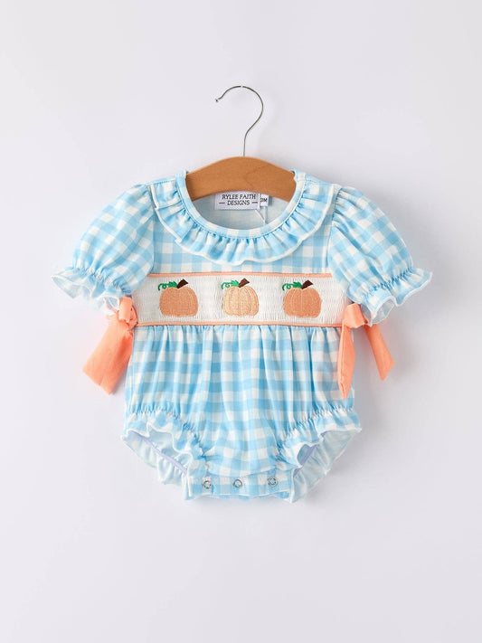 Pumpkin Embroidery Blue Plaid Bubble