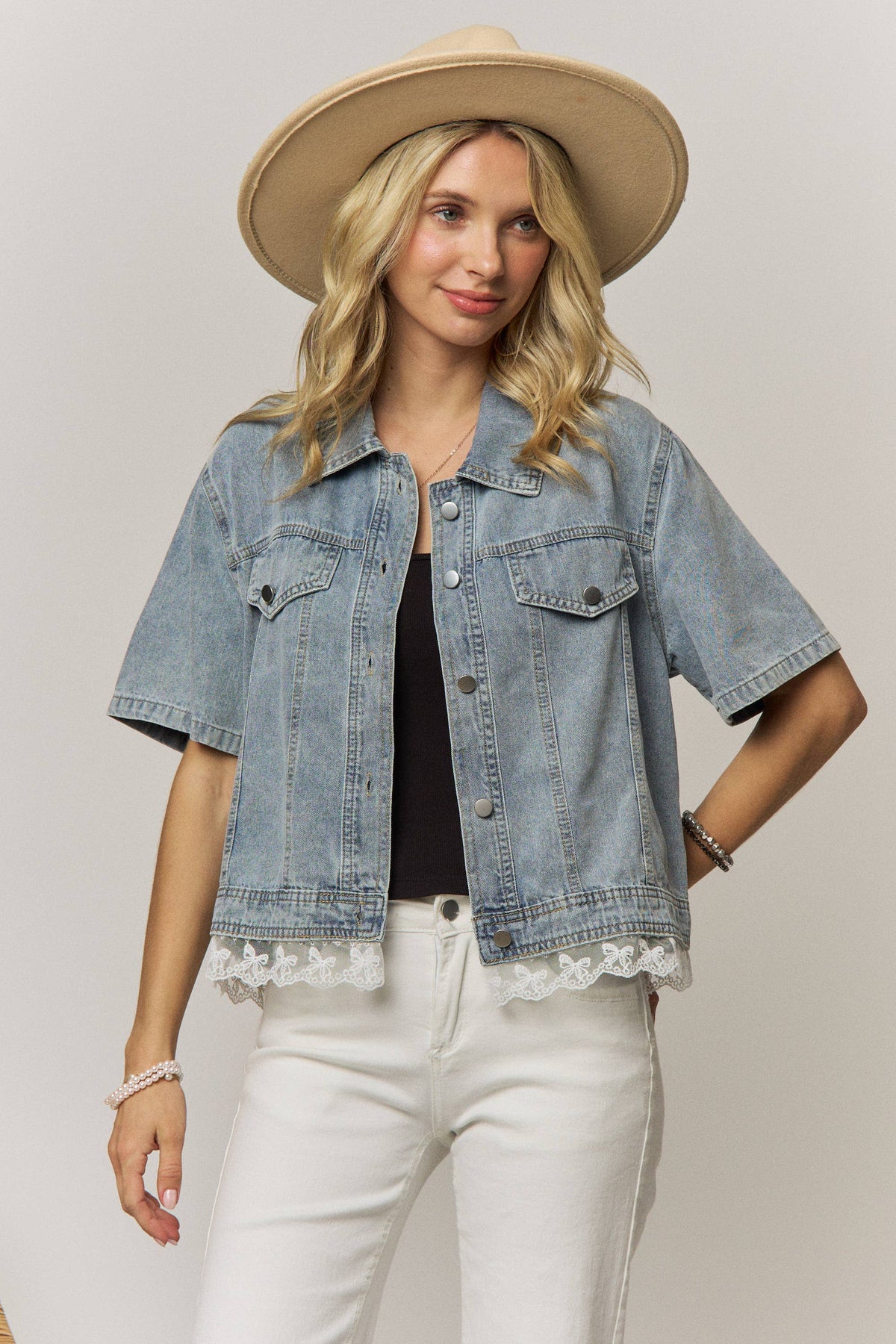 DENIM TOP WITH LACE TRIM