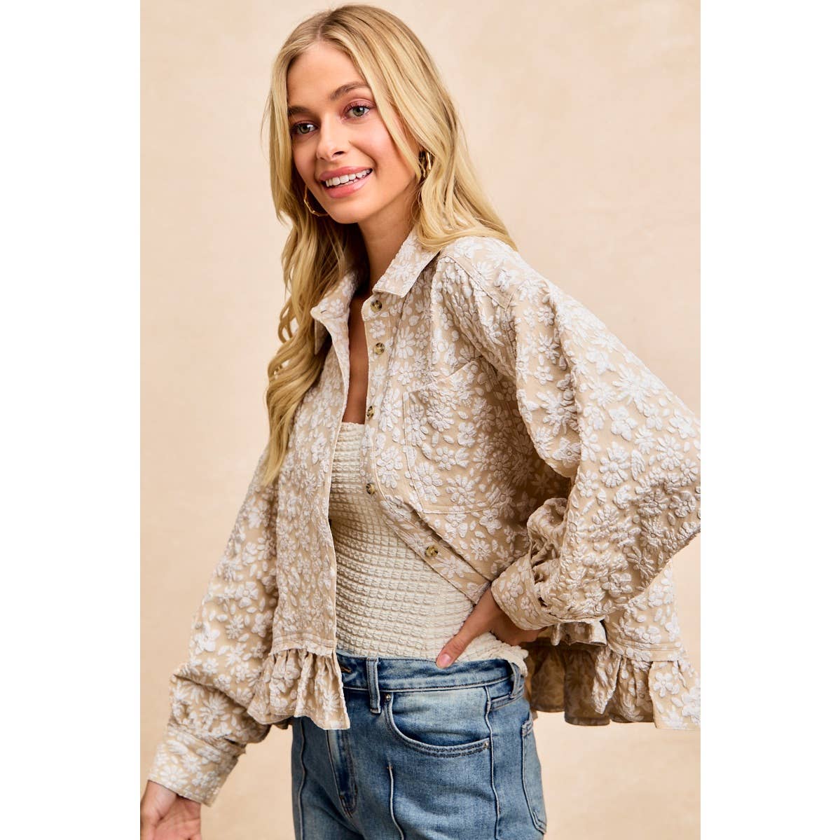 Oatmeal Floral Ruffled Top