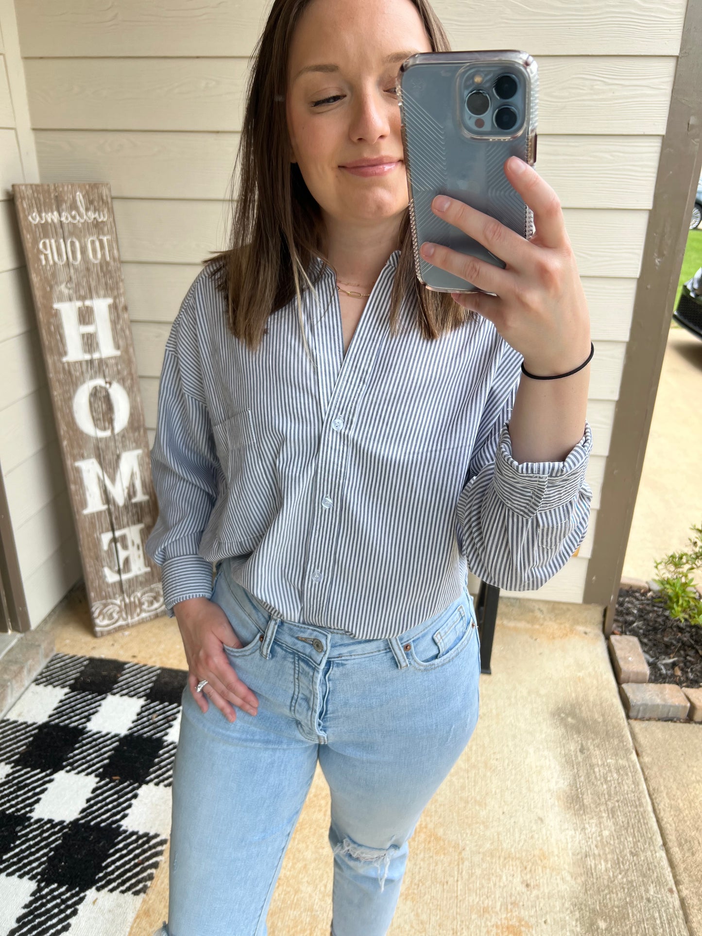 Navy Button Up Top