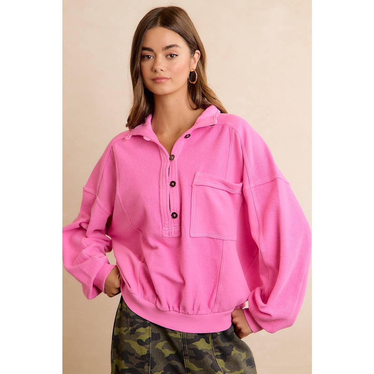 PINK HENLEY SWEATSHIRT