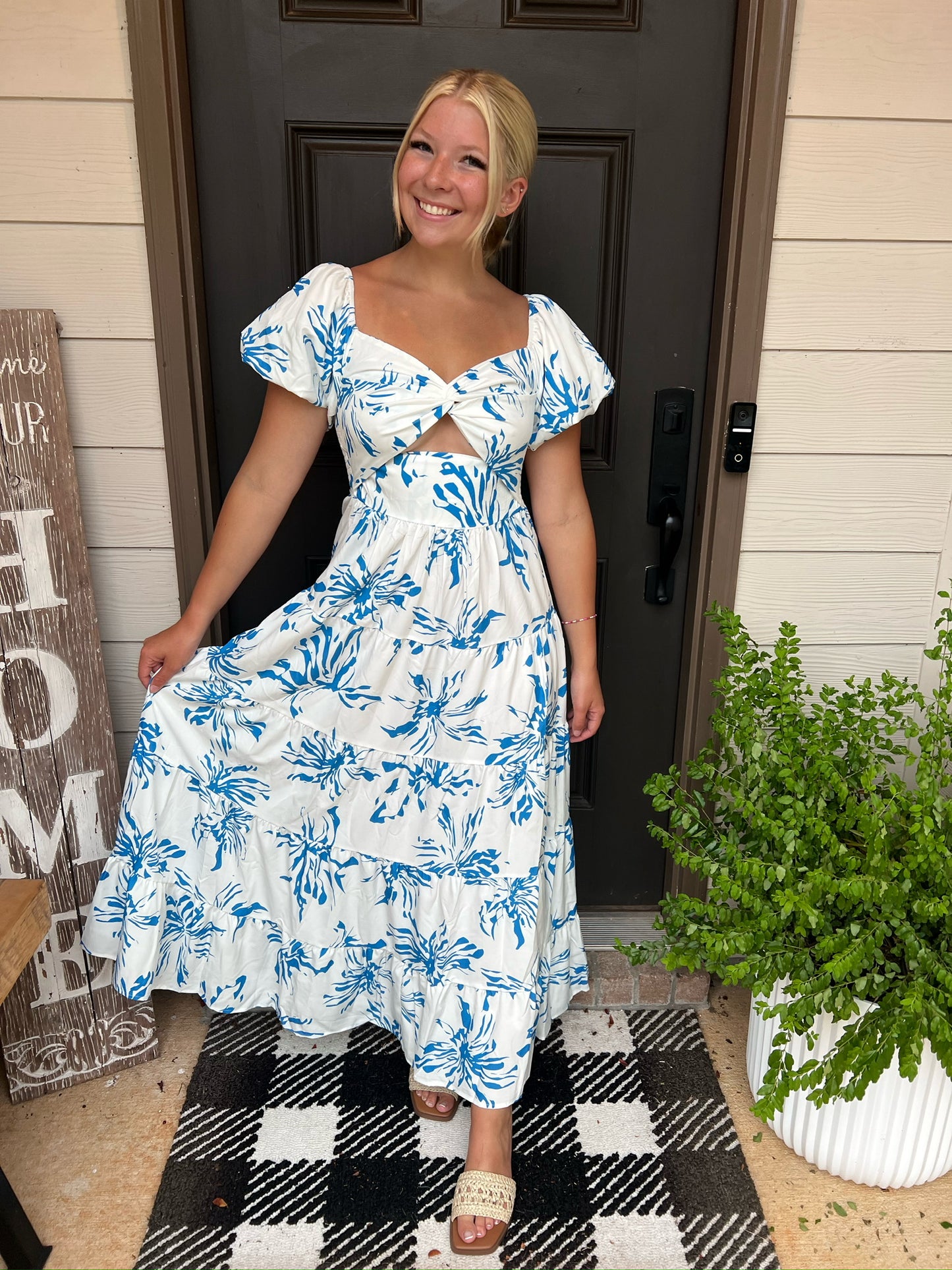 Blue and white dress