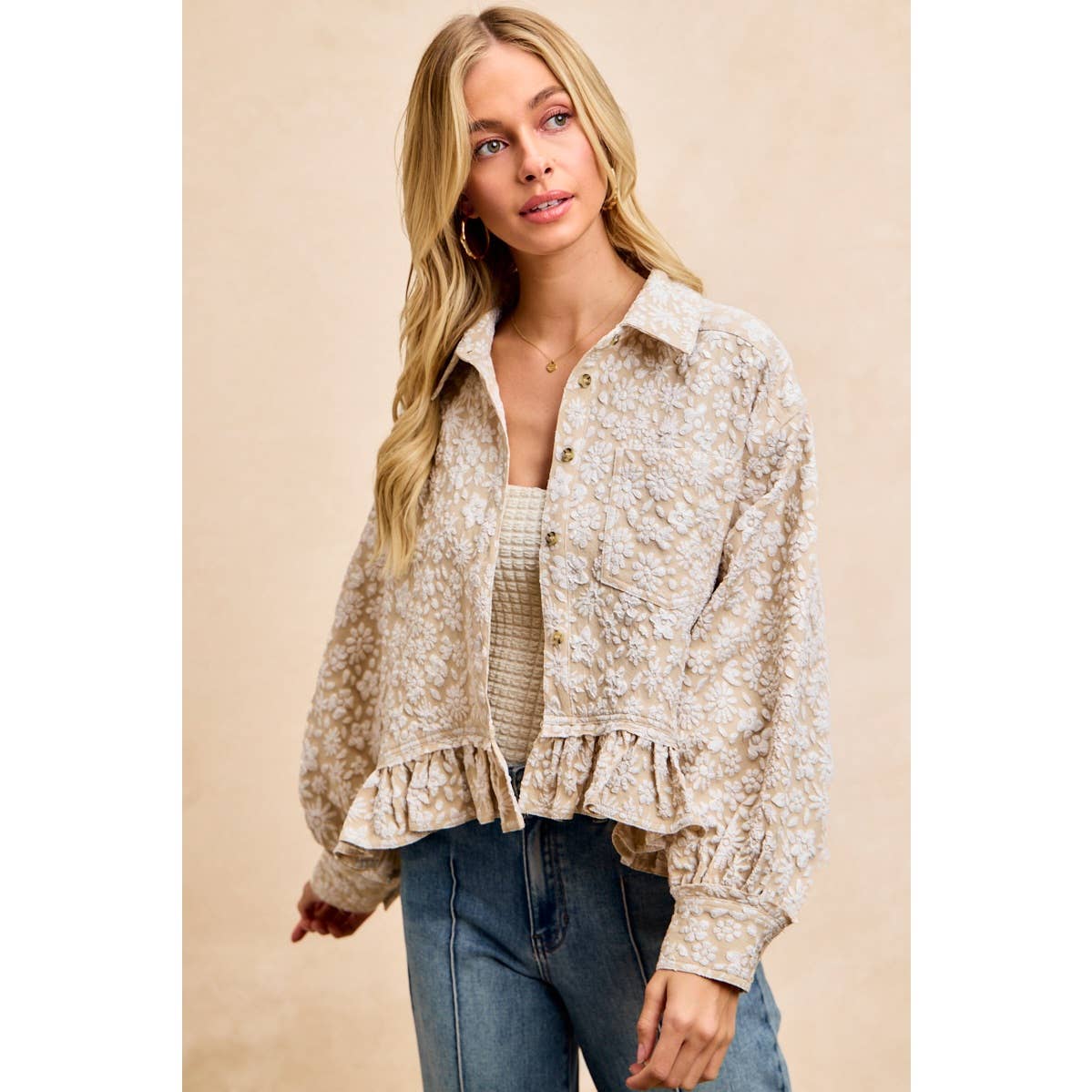 Oatmeal Floral Ruffled Top