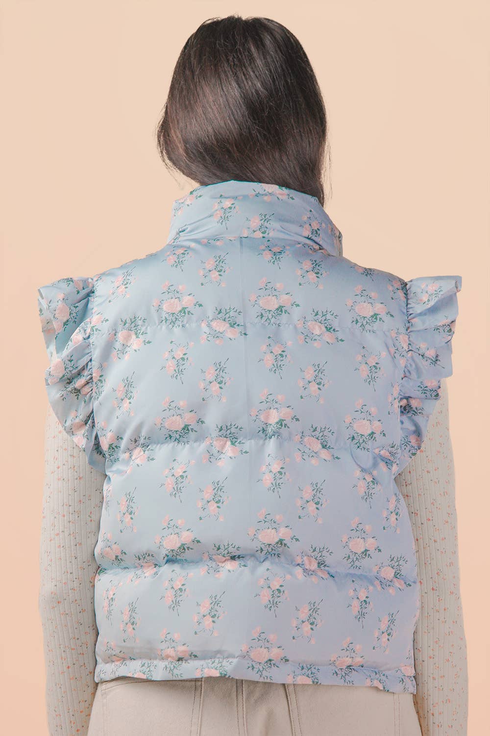 Blue Ruffle Sleeve Puffer Vest