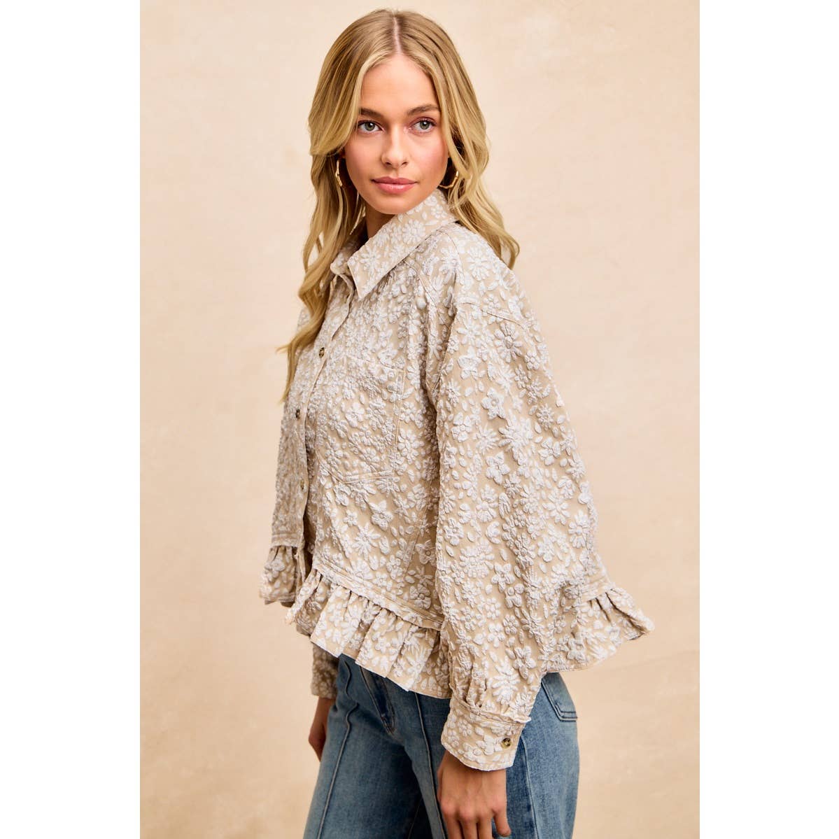 Oatmeal Floral Ruffled Top