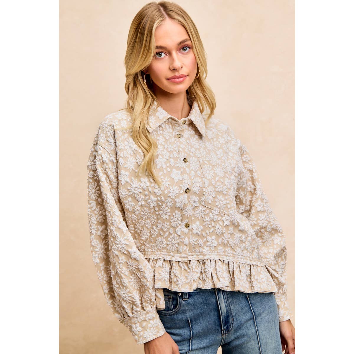 Oatmeal Floral Ruffled Top
