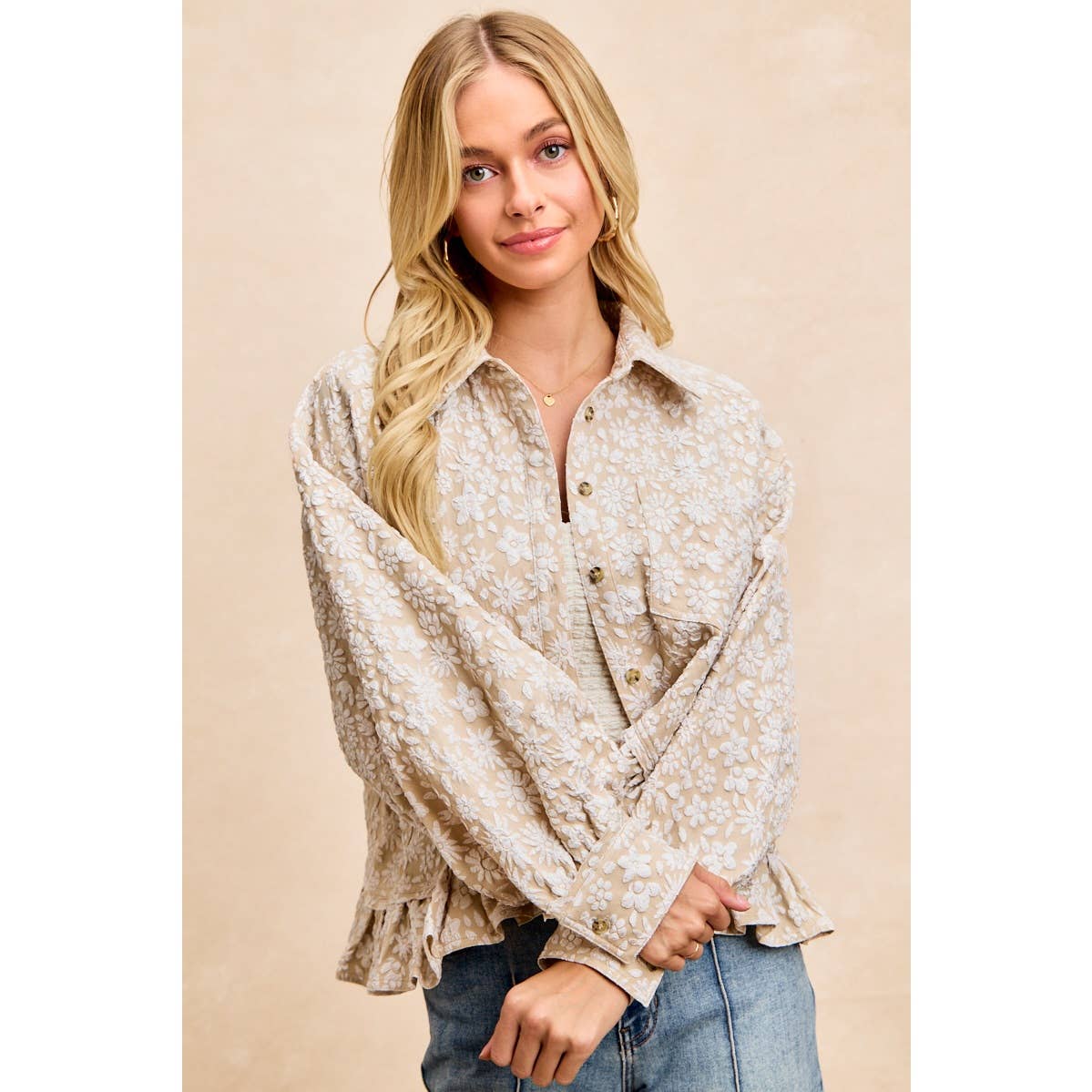 Oatmeal Floral Ruffled Top