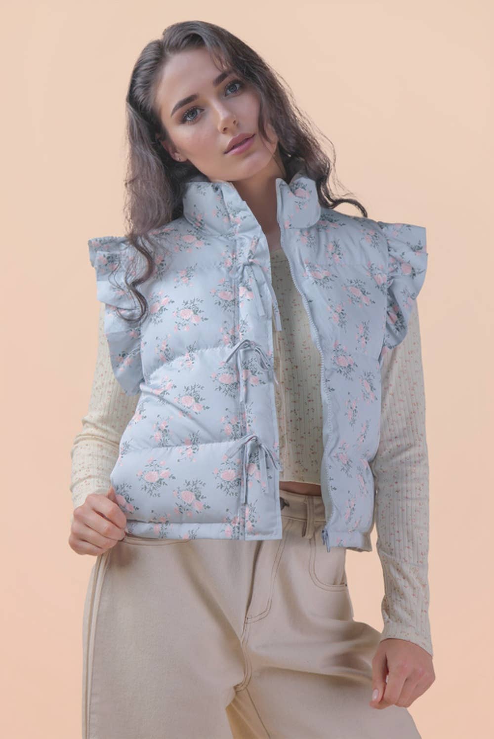 Blue Ruffle Sleeve Puffer Vest