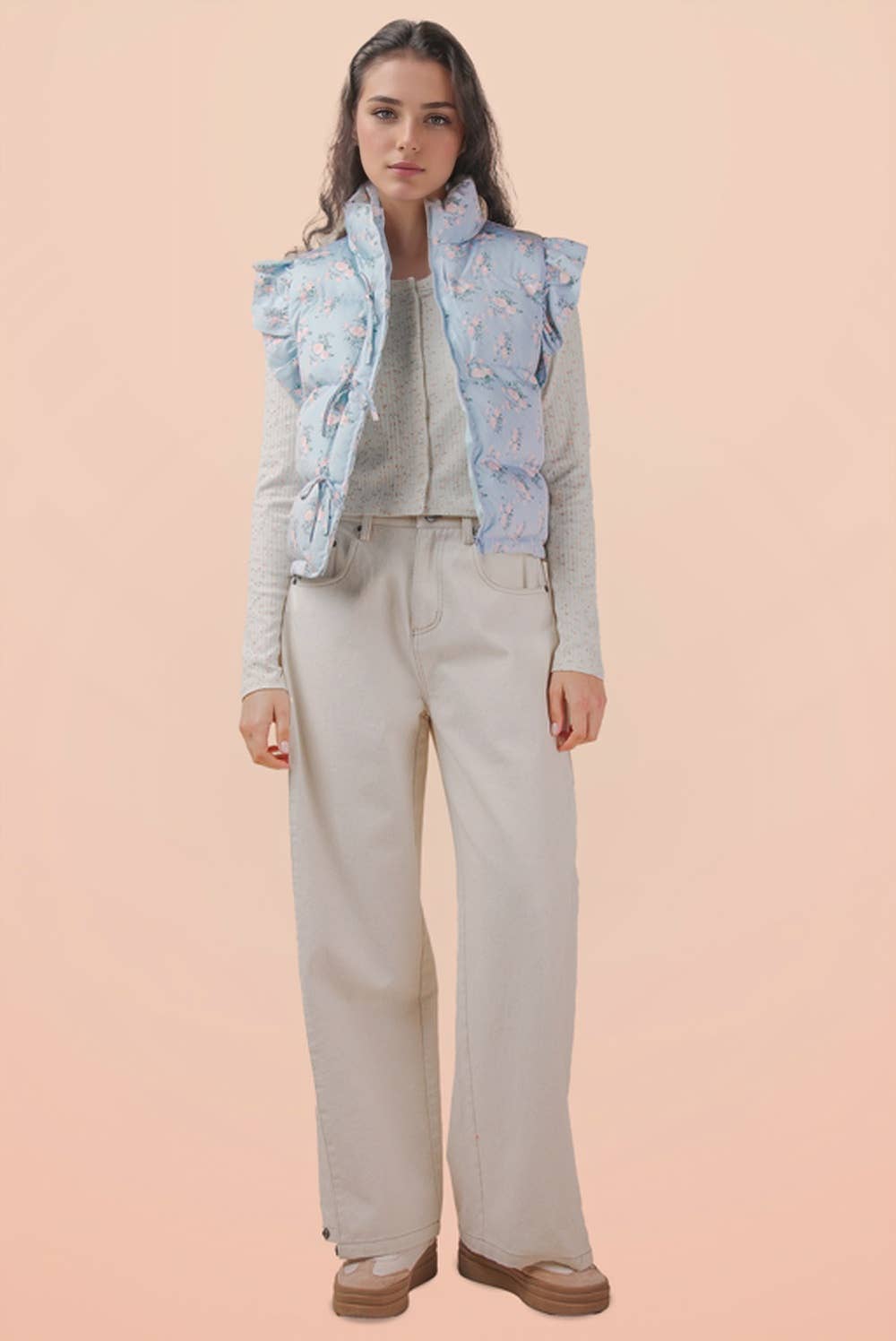 Blue Ruffle Sleeve Puffer Vest
