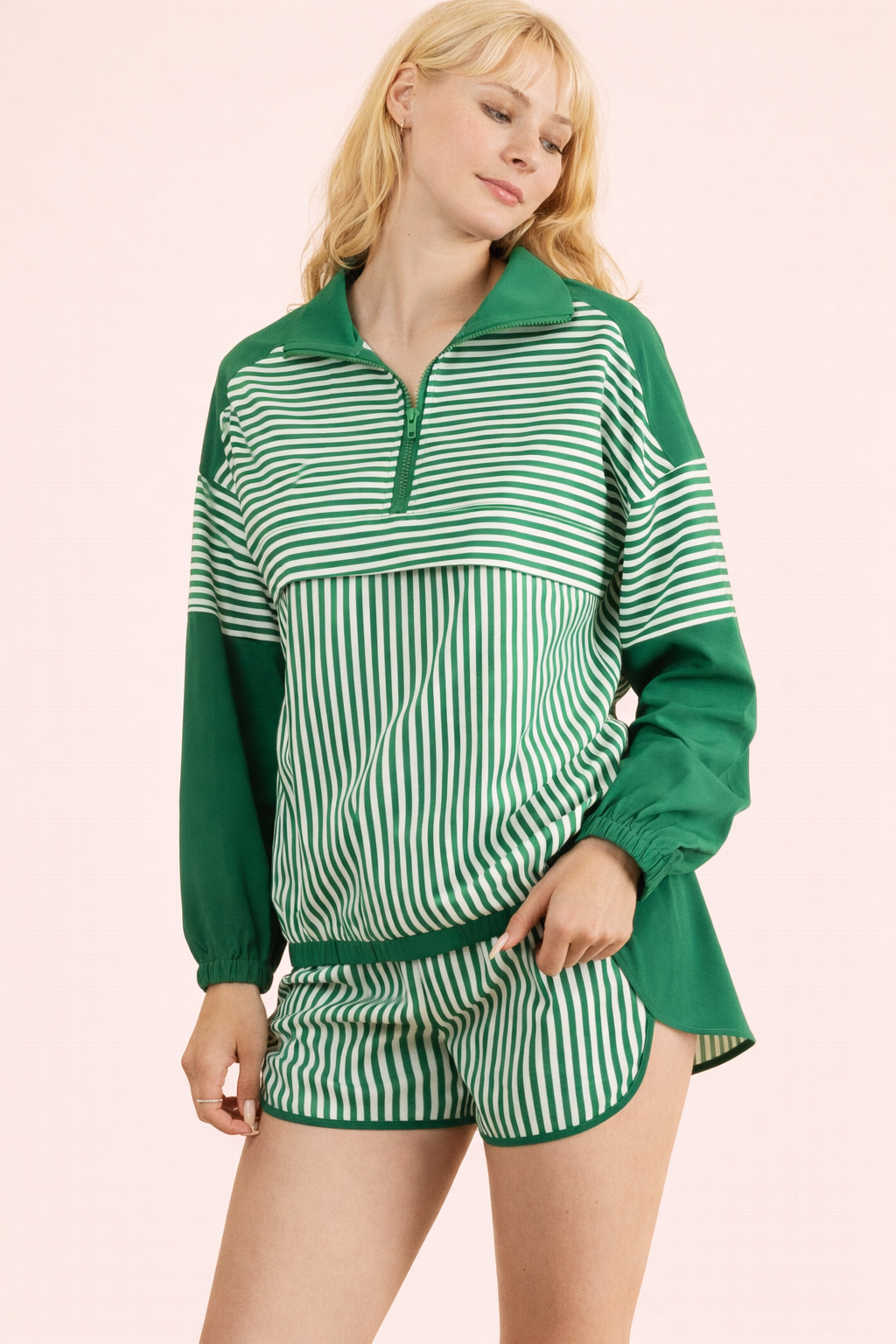 Green Stripe Active Top & Shorts Set