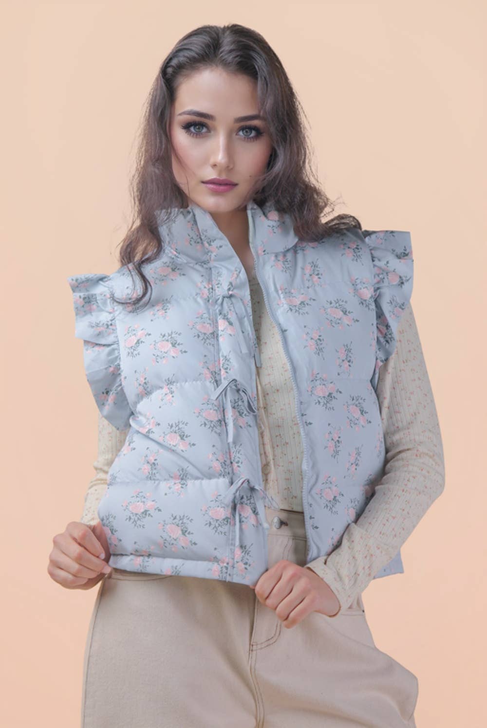 Blue Ruffle Sleeve Puffer Vest