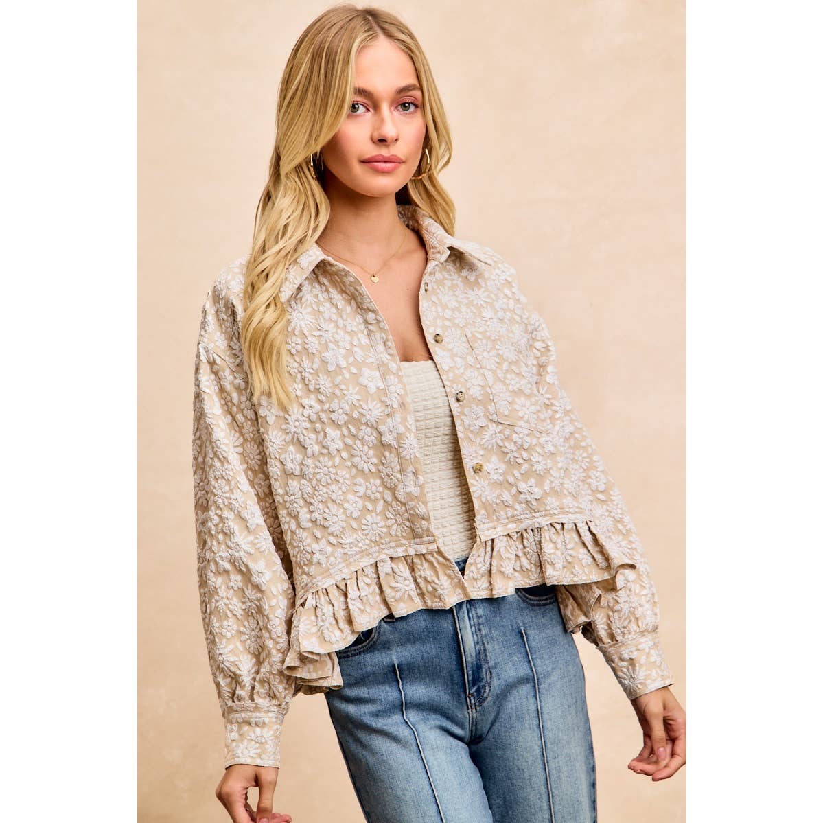 Oatmeal Floral Ruffled Top