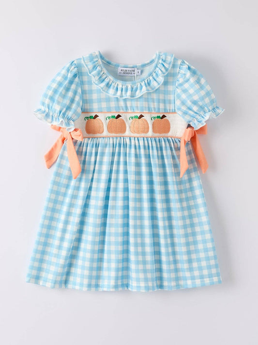 Pumpkin Embroidery Blue Plaid Dress