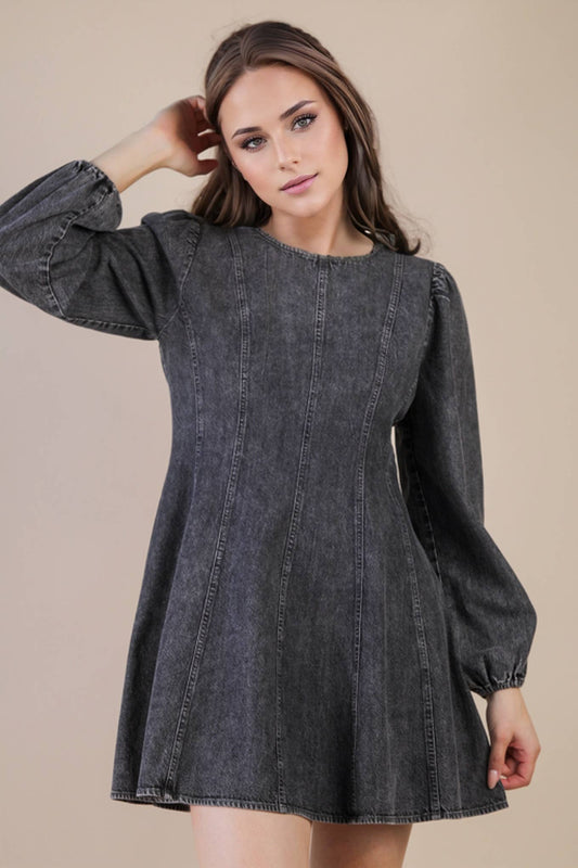 Denim Detail Mini Dress in Black