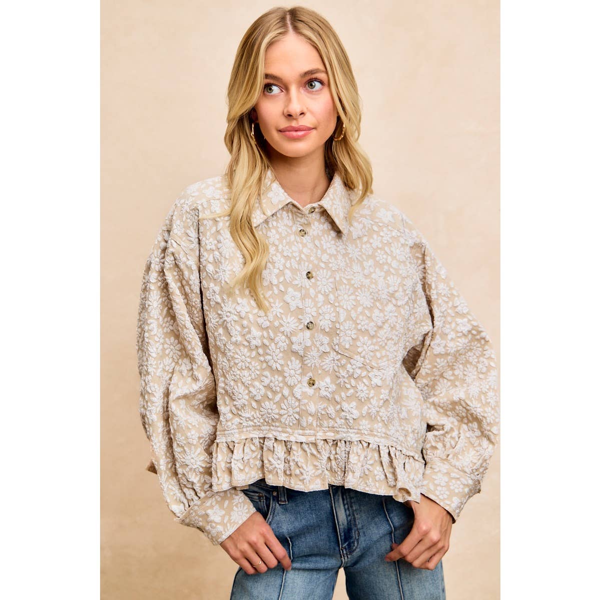 Oatmeal Floral Ruffled Top