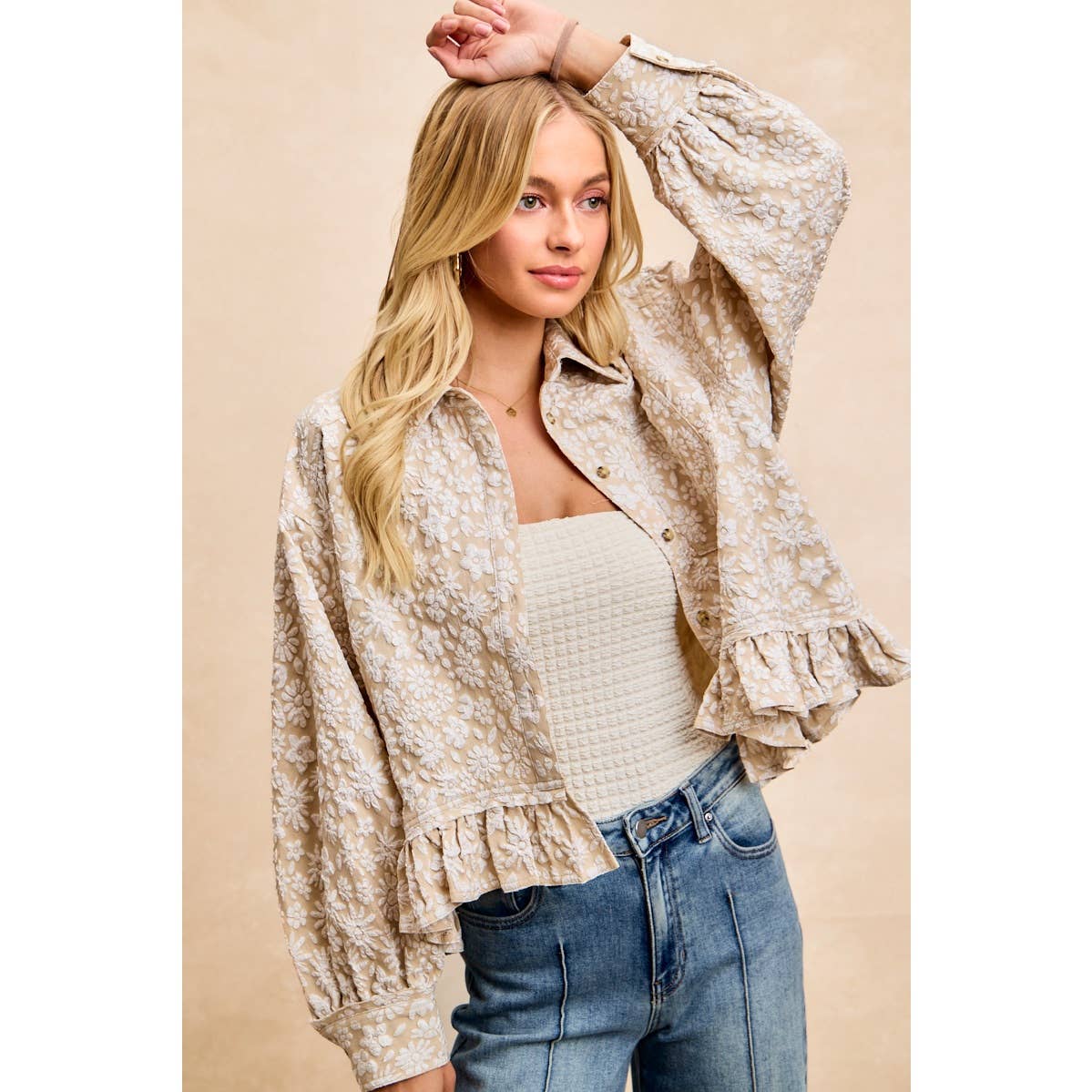 Oatmeal Floral Ruffled Top