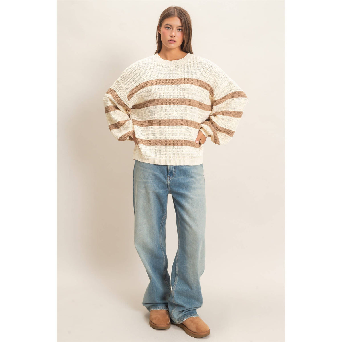 Taupe Striped Oversized Sweater
