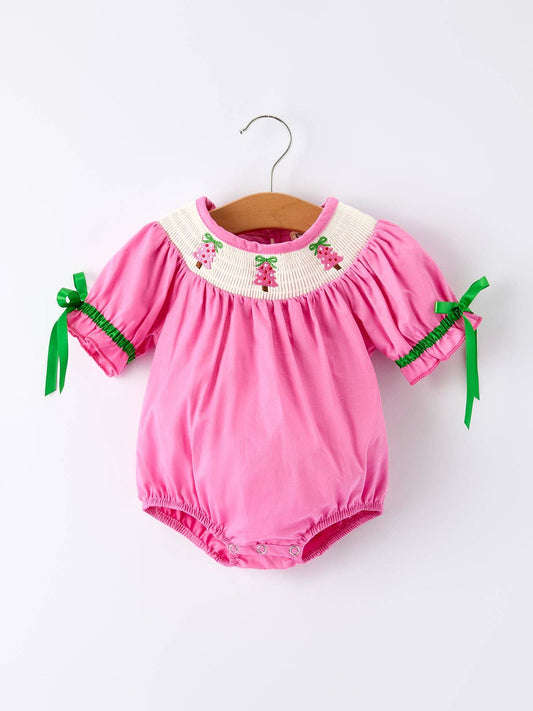 Christmas Pink Christmas Smocked Embroidery Tree Baby Girls Romper