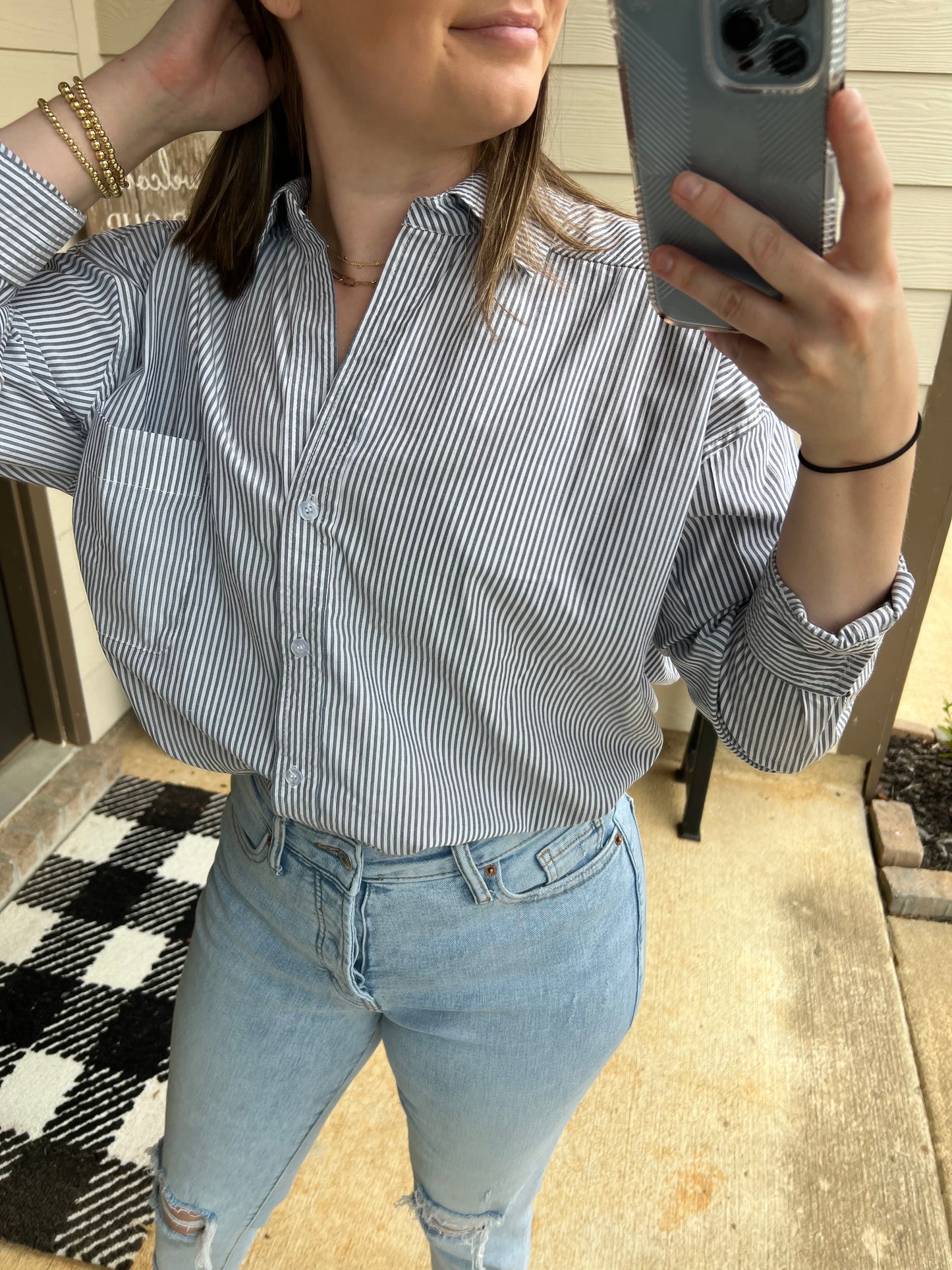 Navy Button Up Top