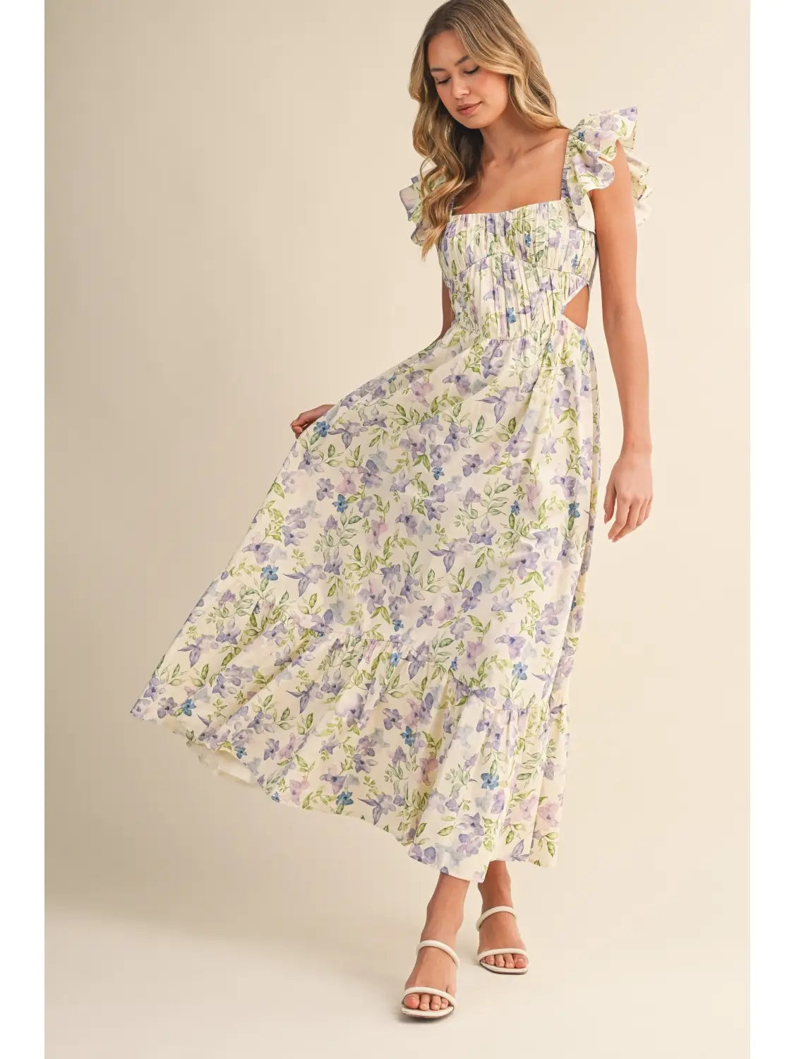 Flower Frill Shoulder Maxi Dress