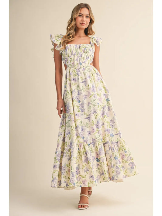 Flower Frill Shoulder Maxi Dress