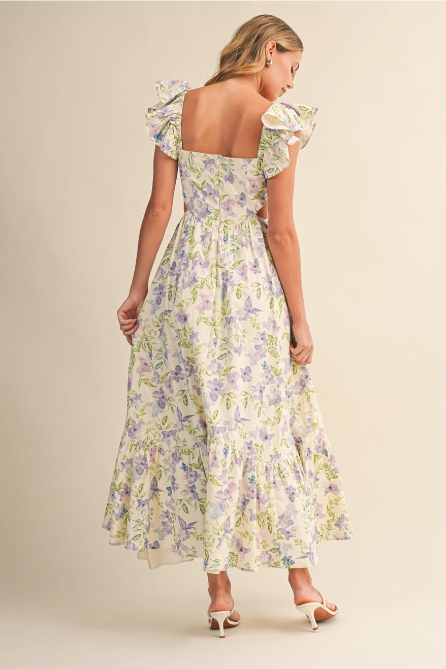 Flower Frill Shoulder Maxi Dress