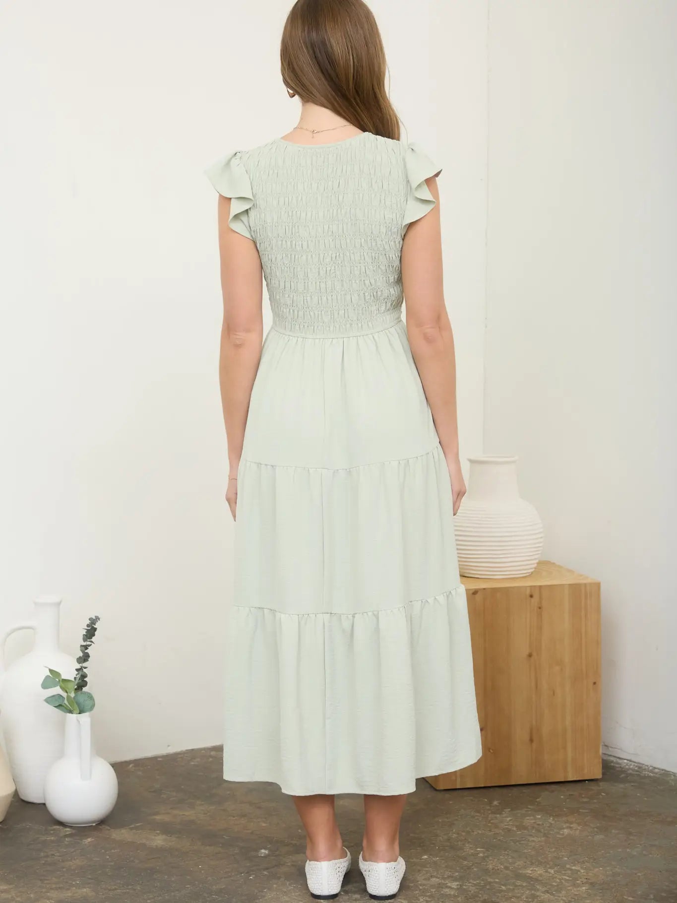 Flutter Sleeve Smocked Midi Dress