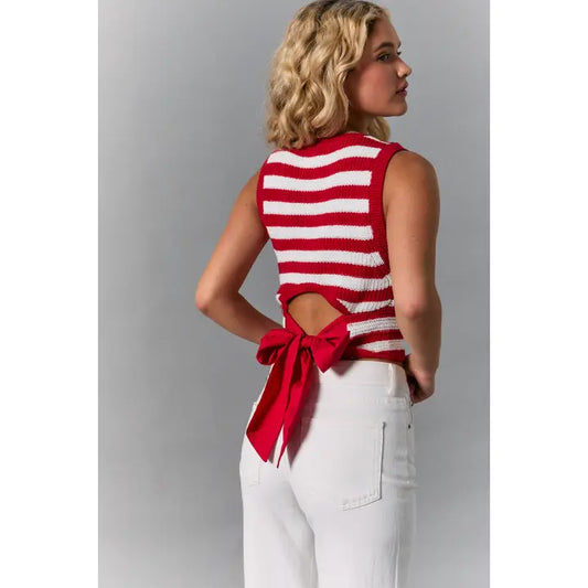 Red and White Bow Back Top
