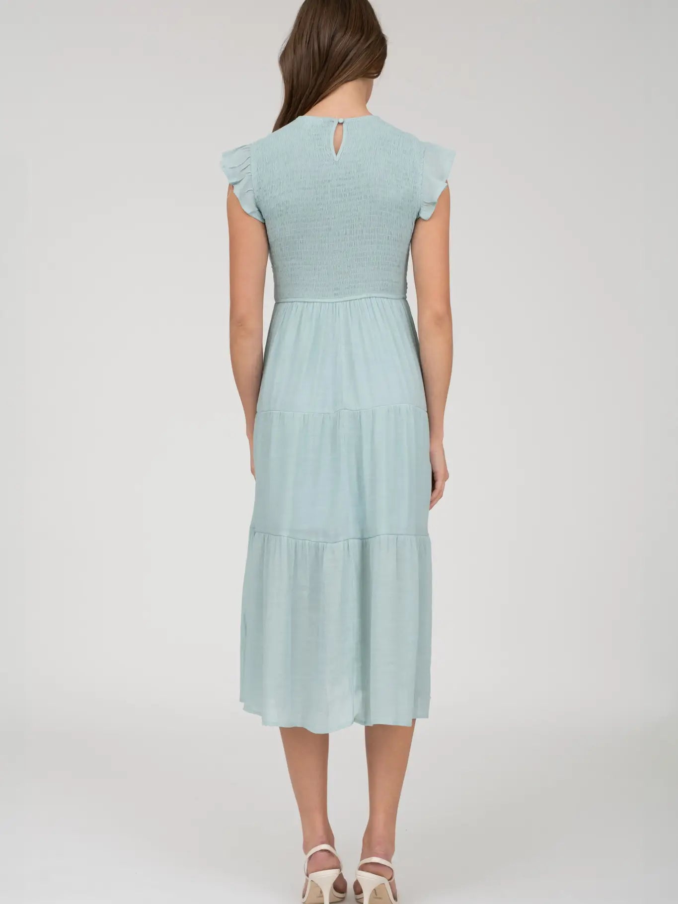 Smocked Tiered Midi Dress - Light Blue