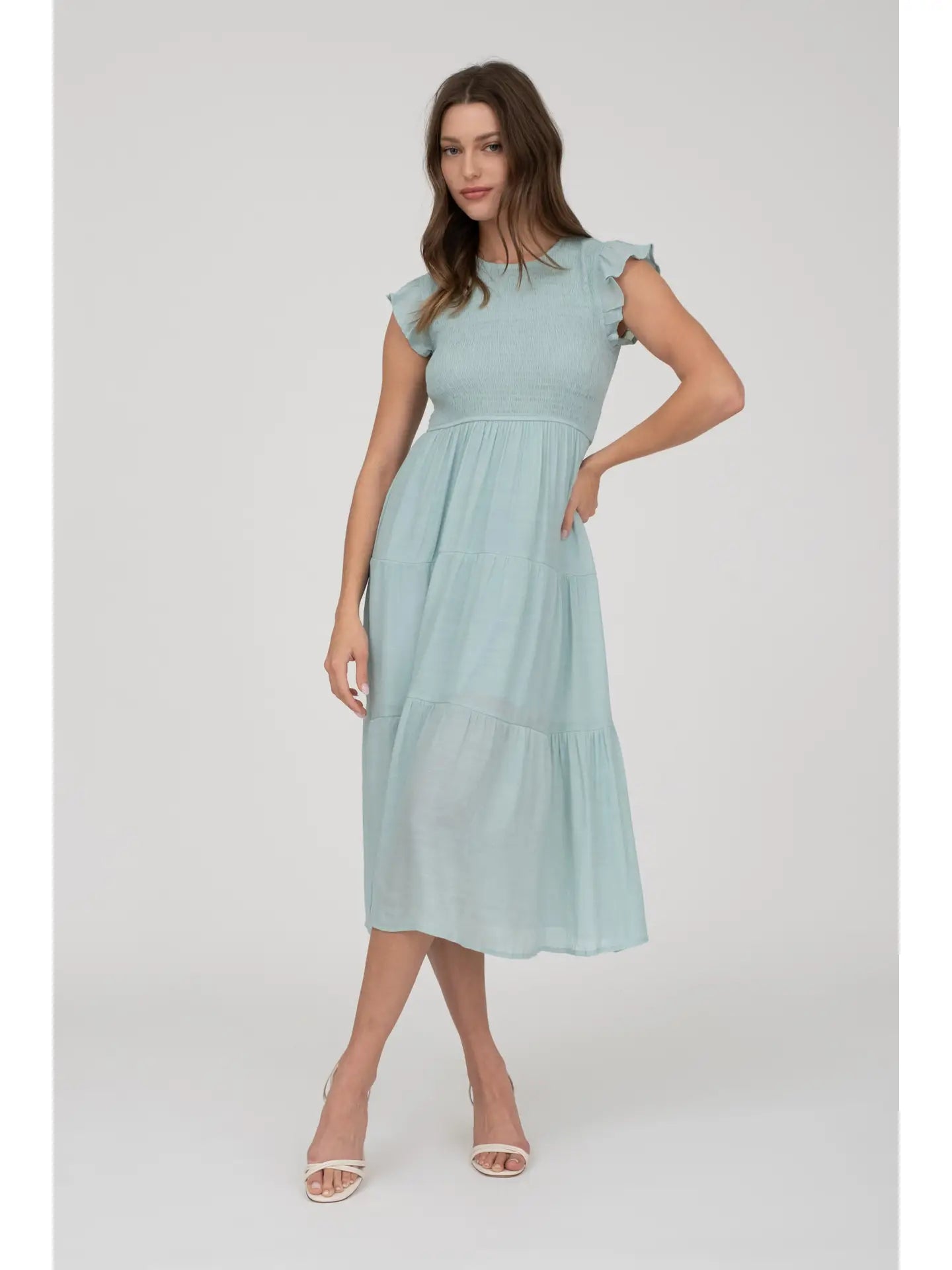 Smocked Tiered Midi Dress - Light Blue
