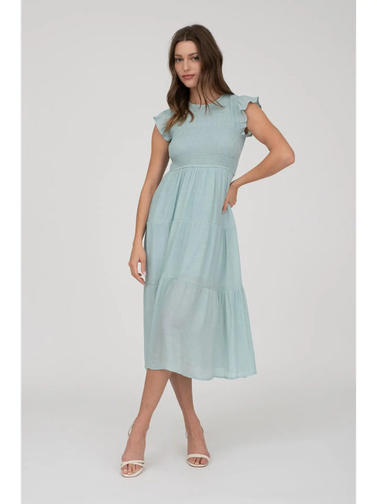 Smocked Tiered Midi Dress - Light Blue